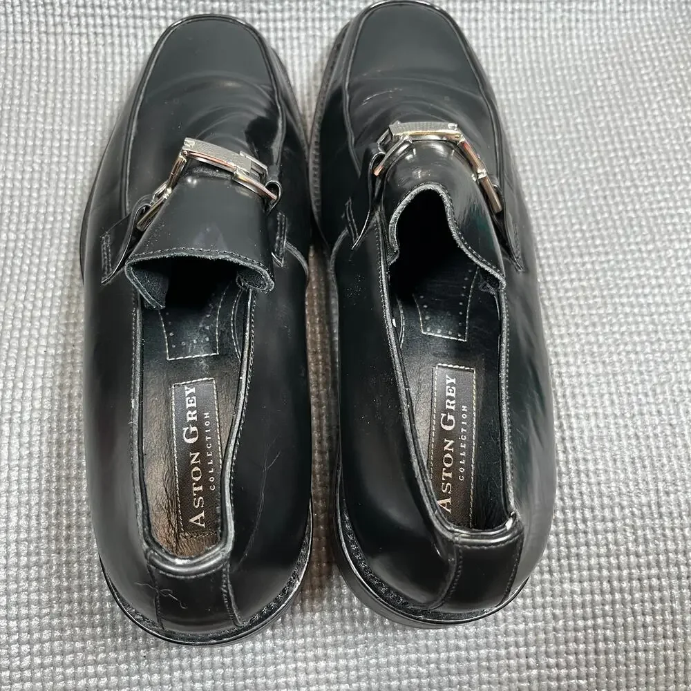 Aston Grey Collection Loafers Mens Size 9.5 Black Leather‎ Buckle Slip On